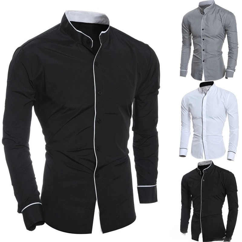 Mandarin Collar Formal Shirt Slim Fit - Erkekler Slim Fit Düz Renk Uzun
