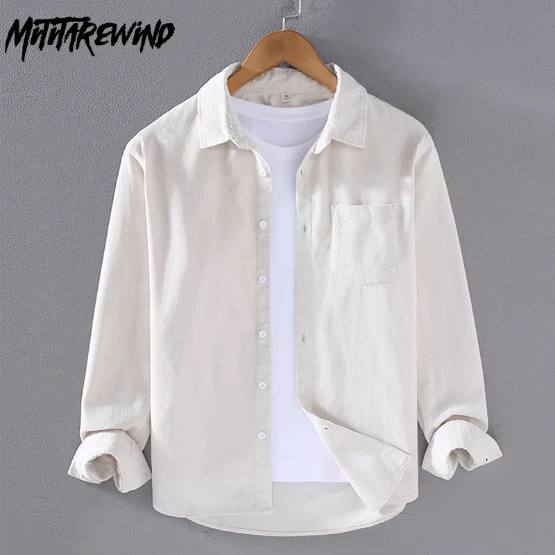 Corduroy Button Up Shirt Men - İlkbahar Sonbahar Erkek Uzun Kollu Beyaz