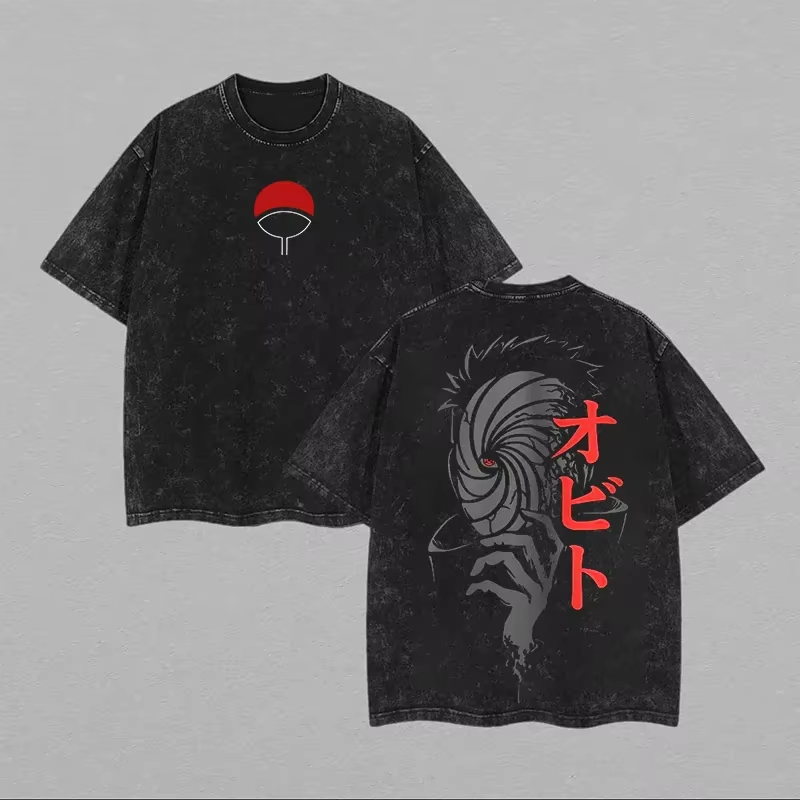 Acid Wash Vintage Graphic T Shirt - Naruto Obito Uchiha Erkek Tişörtü Maske