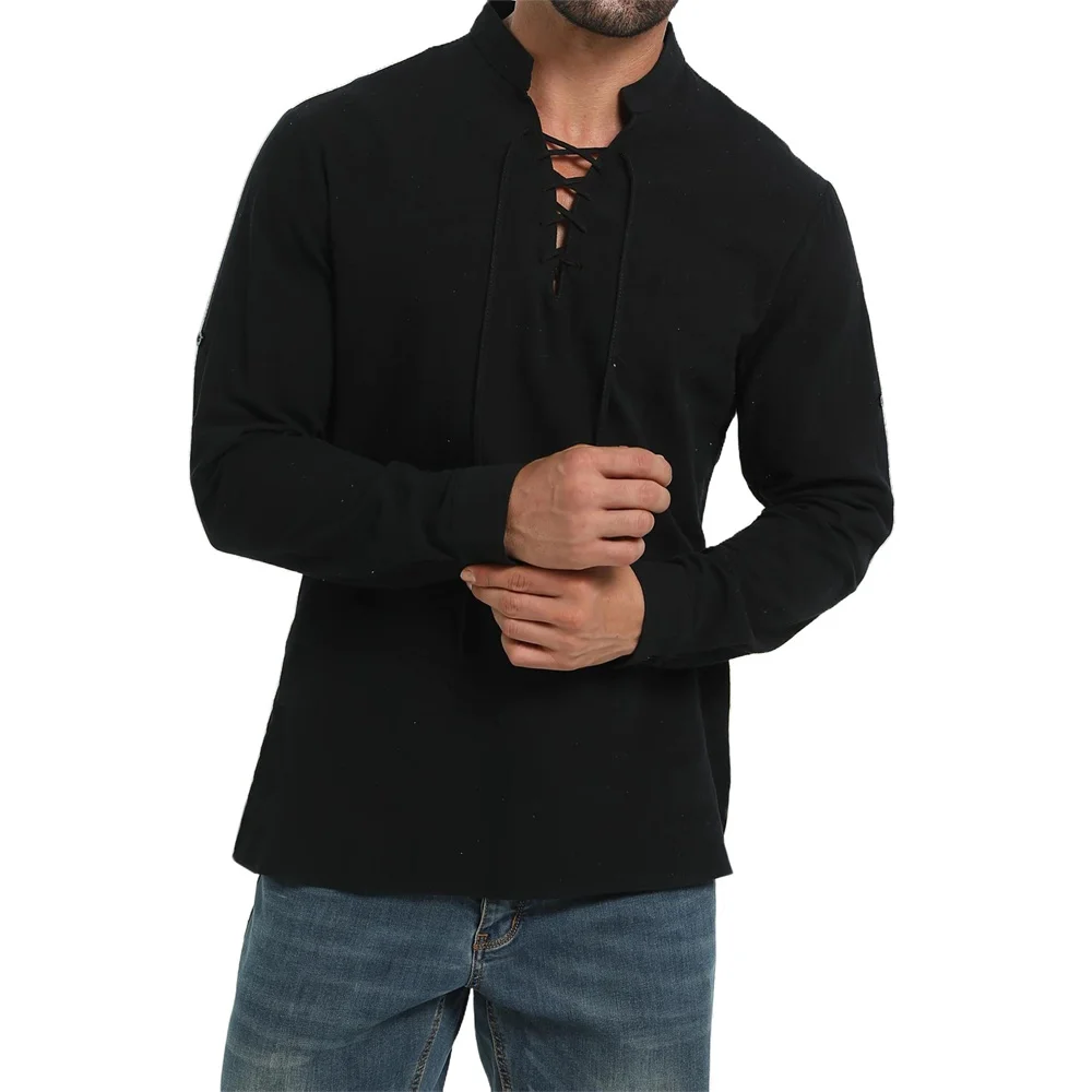 Medieval Gothic Lace Up Pirate Shirt - İlkbahar Sonbahar erkek Korsan Gömlek Vintage