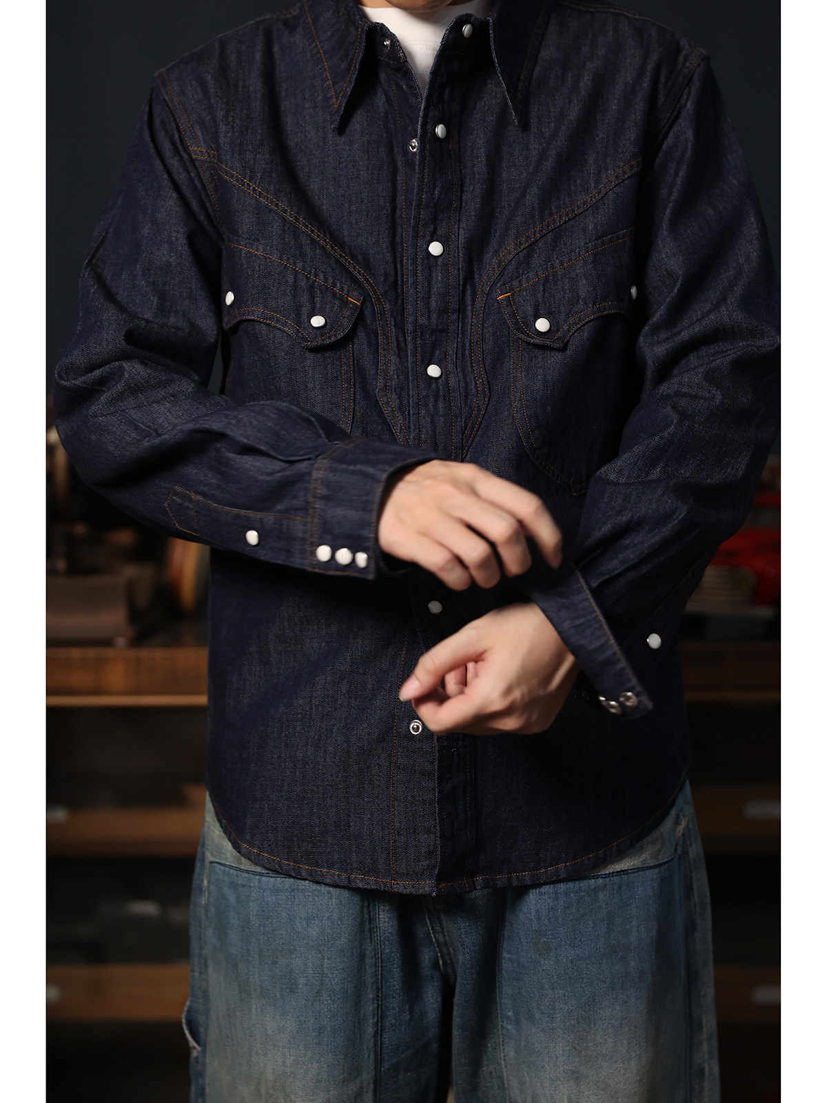 Mens Western Denim Pearl Snap Shirt - Kovboy Batı Tarzı Çıtçıtlı Gömlek Sade