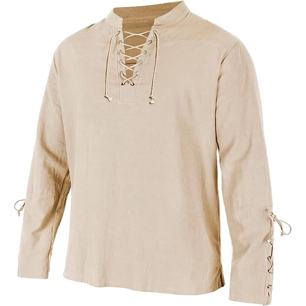 Medieval Gothic Lace Up Pirate Shirt - Erkek Uzun Kollu Gömlek Bağcıklı V