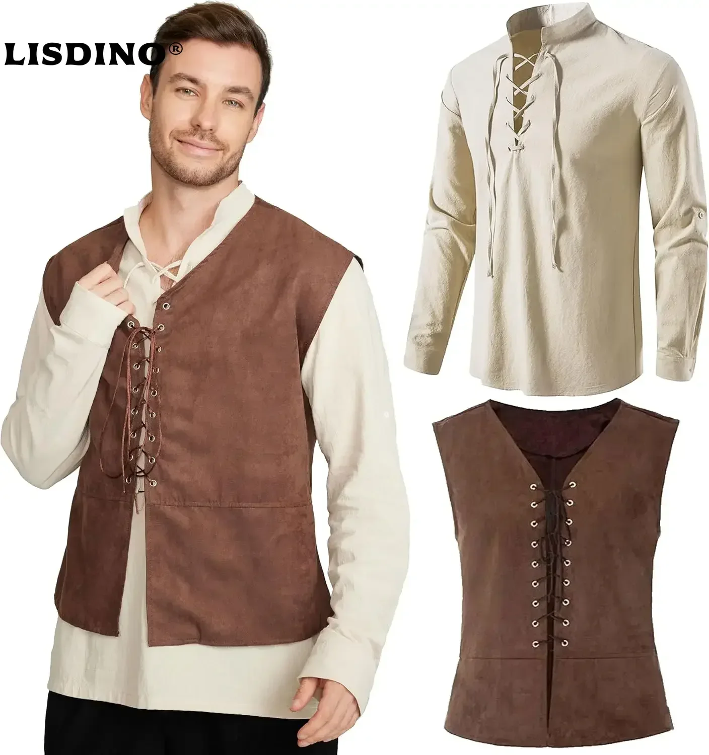 Medieval Gothic Lace Up Pirate Shirt - 2 parçalı Set erkek Ortaçağ Korsan