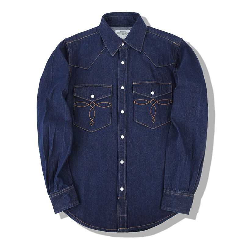 Mens Western Denim Pearl Snap Shirt - Amerikan Vintage Kot Gömlekler İnci Düğmeli
