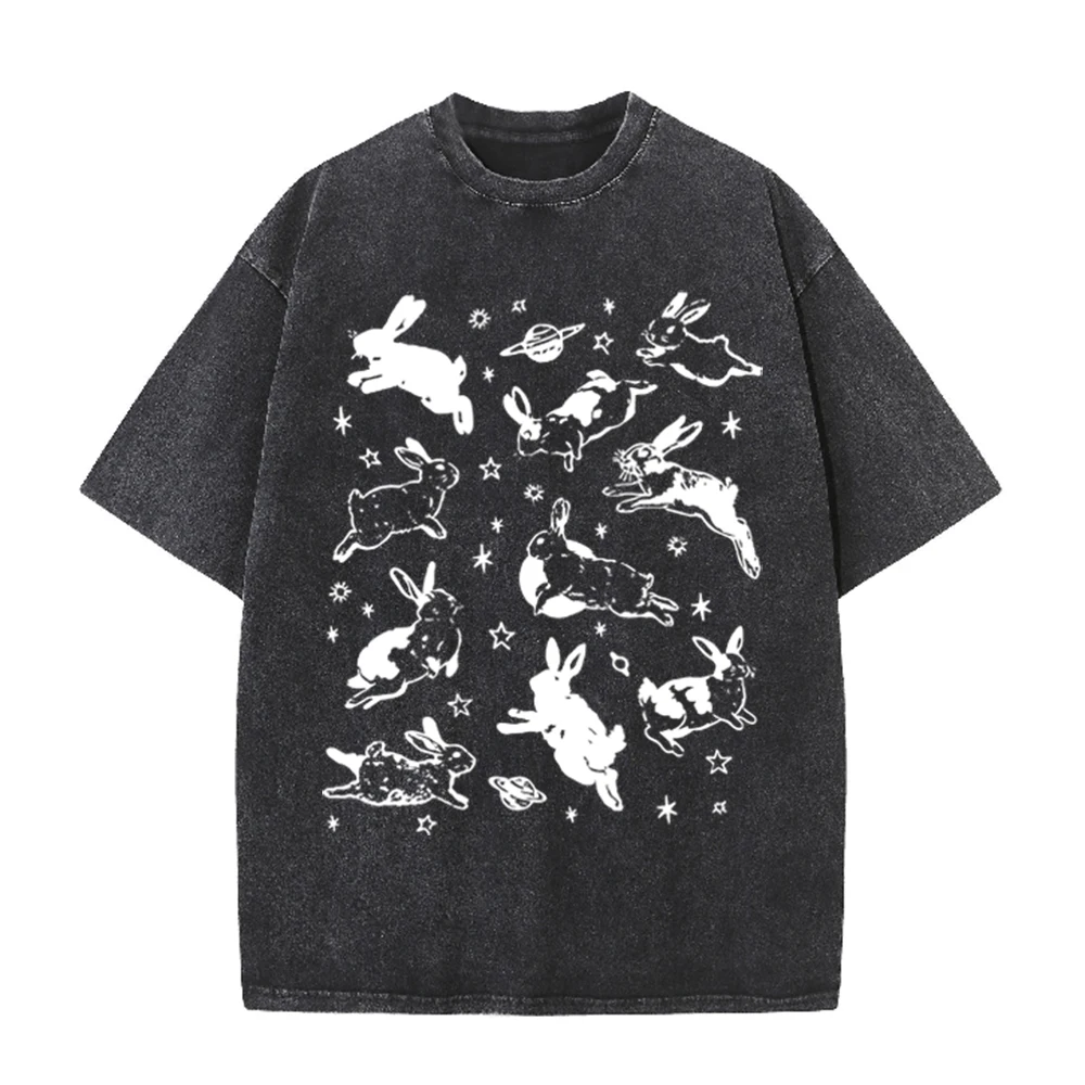 Acid Wash Vintage Graphic T Shirt - 2026 Vintage Uzay Tavşanı Gezegen Yıldız