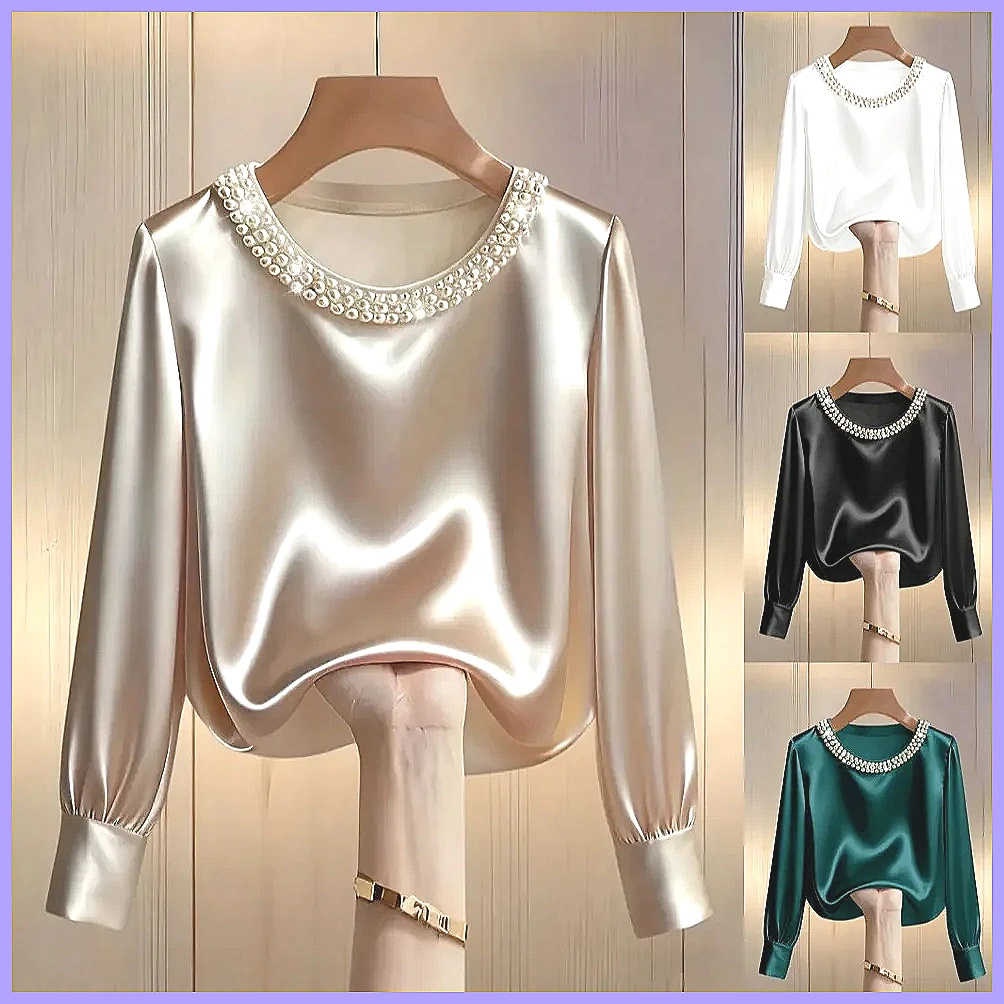 Shirts - Kadınlar için Zarif Boncuklu Saten Bluz,
