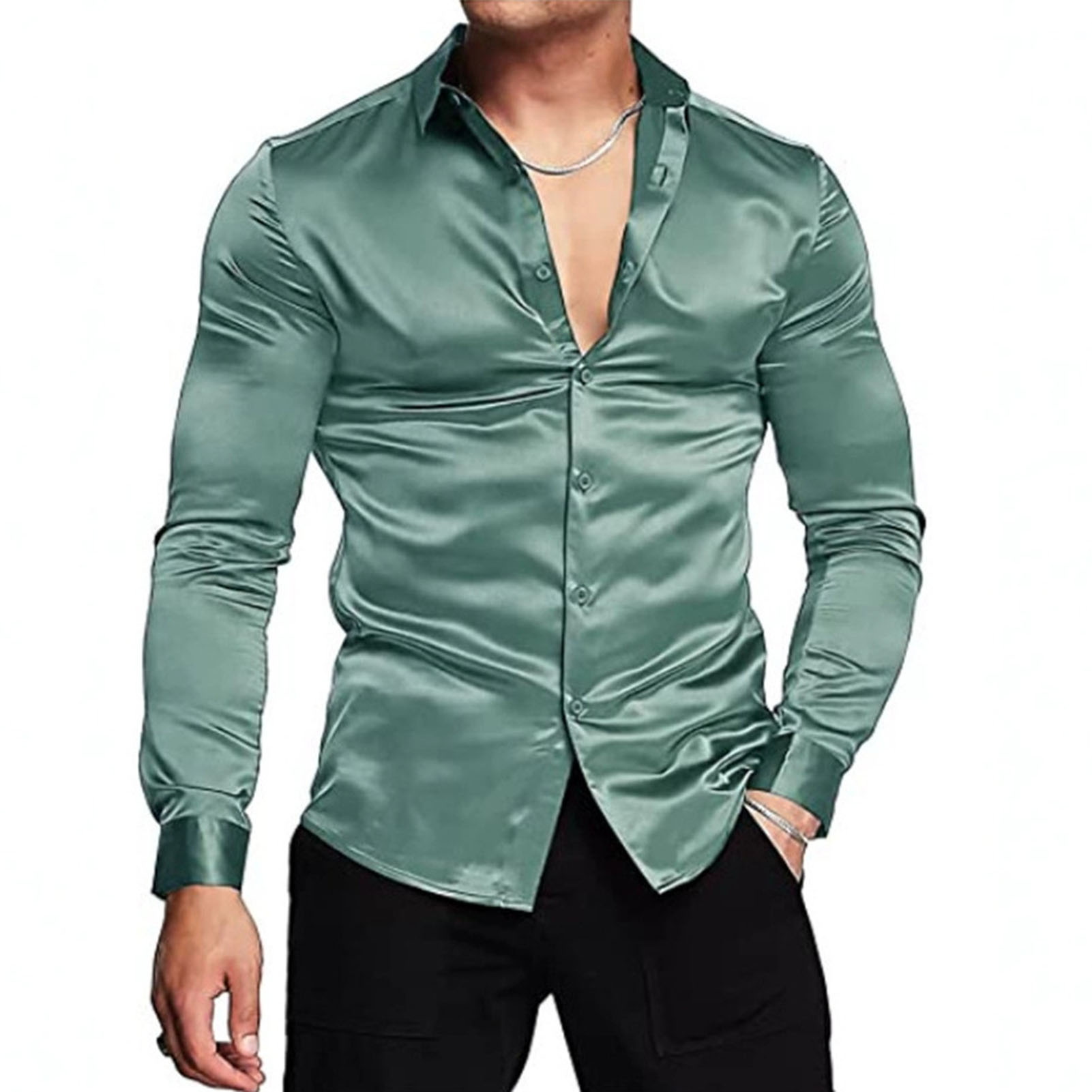 Mens Satin Silk Dress Shirt - İlkbahar Sonbahar İpek Saten Gömlekler Lüks