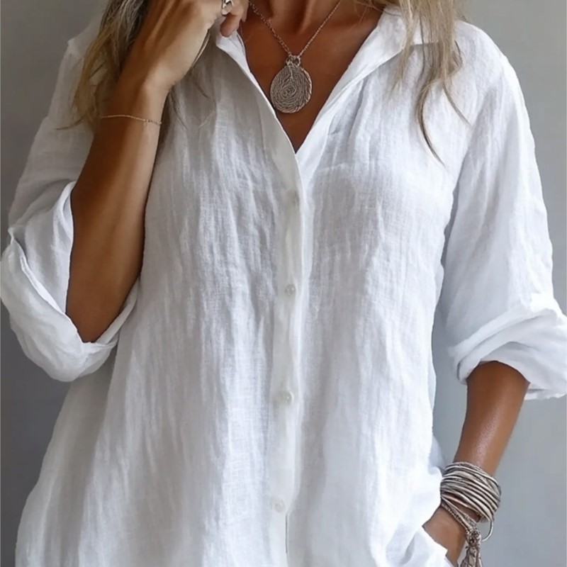 Mens Linen Shirt Long Sleeve - Düz Renk Keten Seksi V Yaka