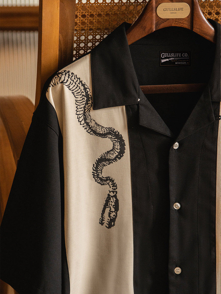 Short Sleeve Bowling Shirt Retro - Küba Yaka Baskılı Kısa Kollu Bowling
