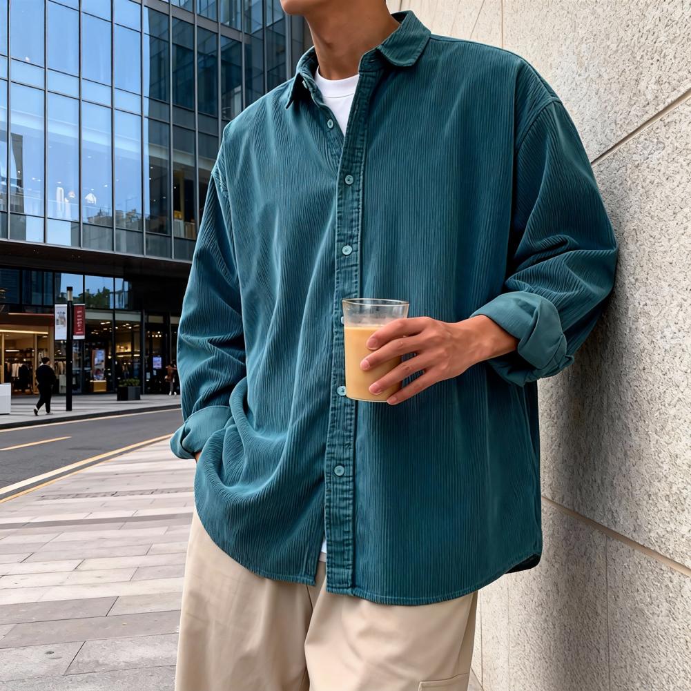 Corduroy Button Up Shirt Men - Yeni erkek kadife gömlek rahat kesim