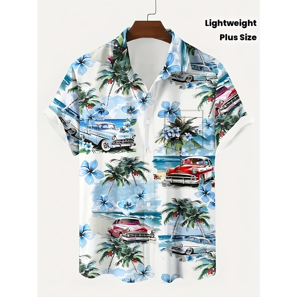 Vintage Hawaiian Floral Shirt - Erkekler Vintage Klasik Araba Palmiye Ağacı