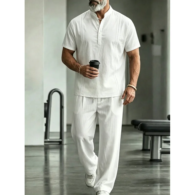 Mens Linen Shirt Long Sleeve - Erkek Keten Günlük 2 Parça Takım