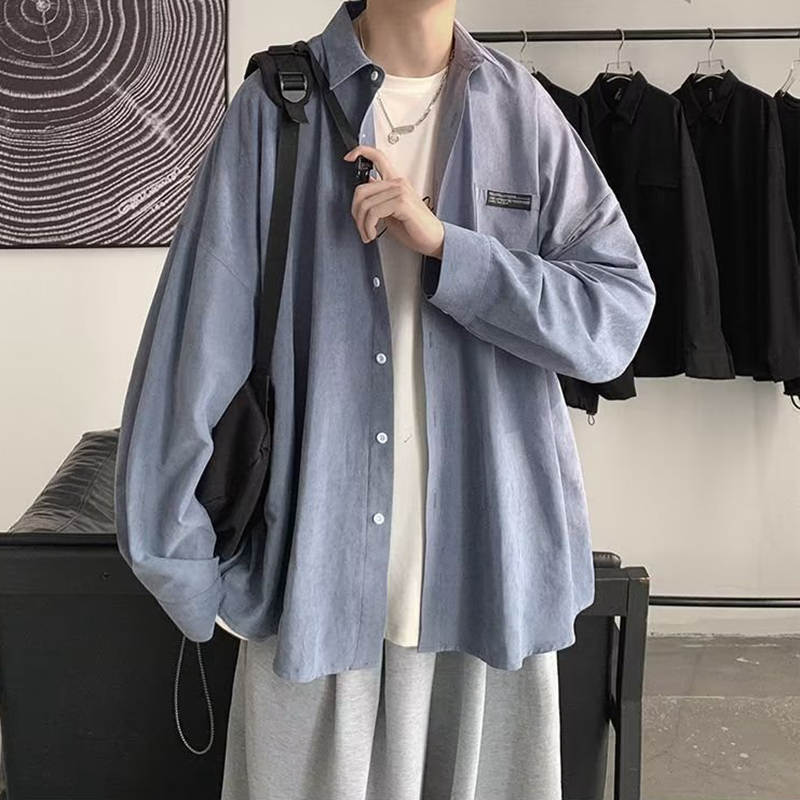 Corduroy Button Up Shirt Men - Kore Moda Siyah Uzun Kollu Gömlek