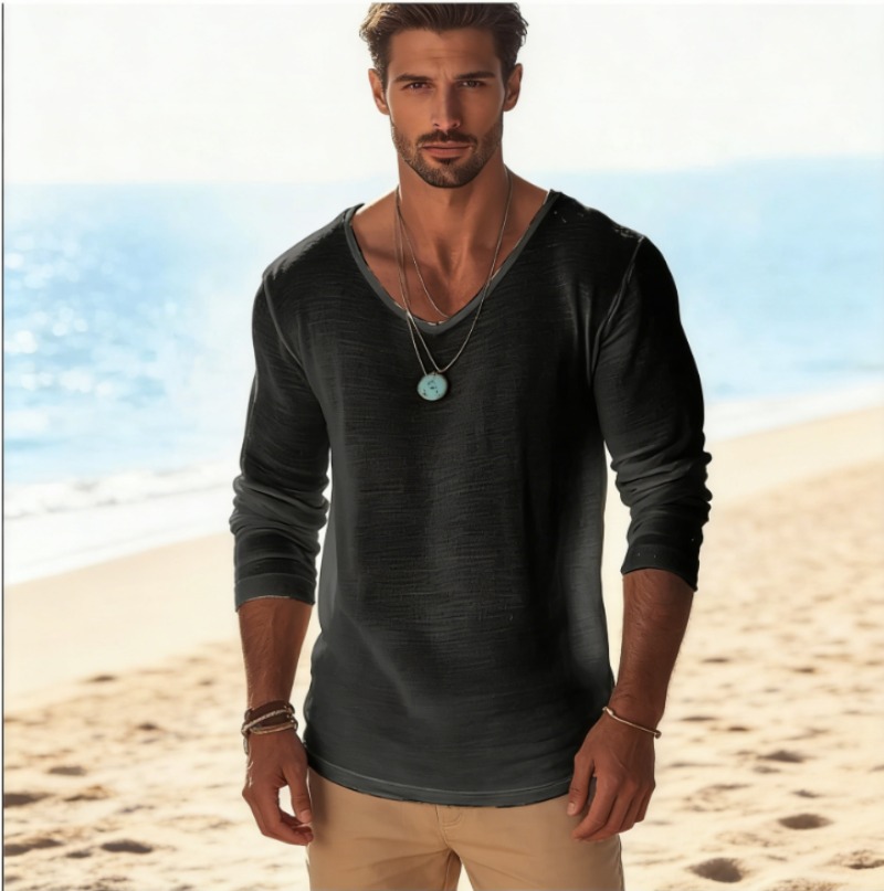 Mens Linen Shirt Long Sleeve - Erkek Günlük V Yaka Keten Karışımlı