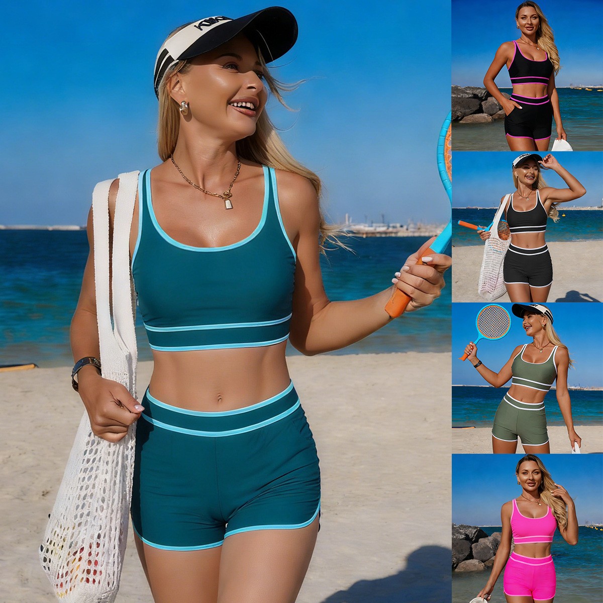 Shorts - Zeytin Yeşili Bikini Kolsuz Crop Top