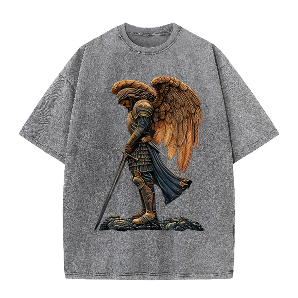 Acid Wash Vintage Graphic T Shirt - 2026 Vintage Zırhlı Melek Savaşçı Kanatlı