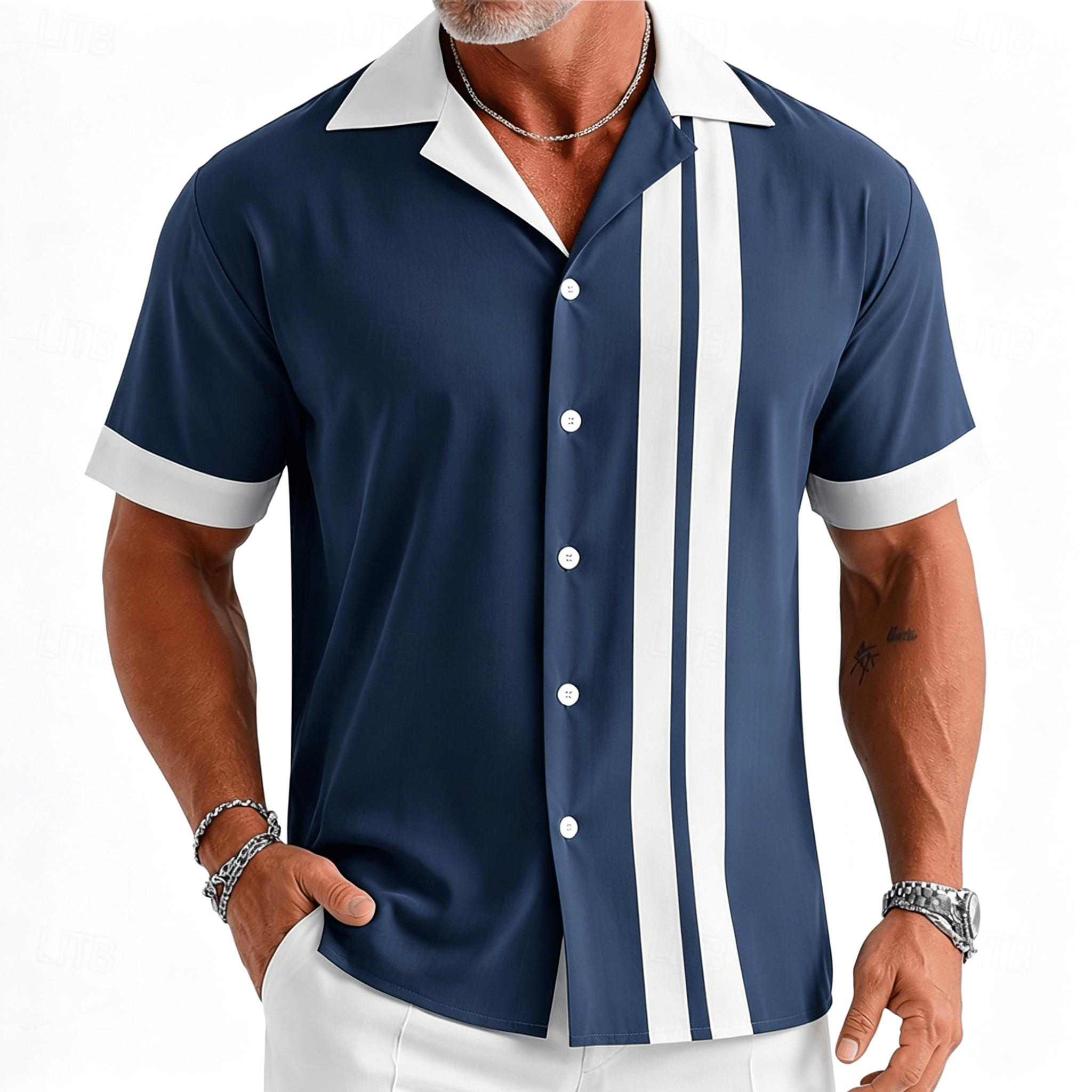 Short Sleeve Bowling Shirt Retro - Erkek lacivert ve beyaz vintage bowling