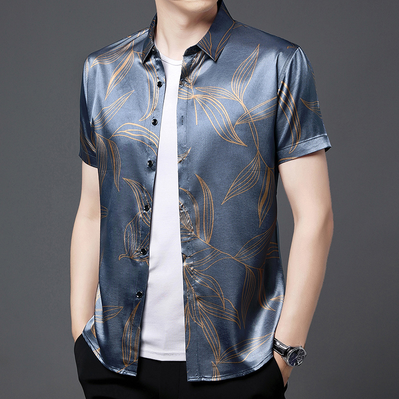 Mens Satin Silk Dress Shirt - Erkek çiçekler ipek Shirt kısa kollu