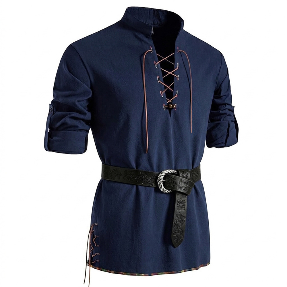Medieval Gothic Lace Up Pirate Shirt - Erkek Vintage Gömlek Pamuklu Uzun Kollu