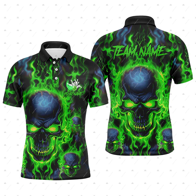 Short Sleeve Bowling Shirt Retro - Özel Ad Bowling Kafatası Alev Graffiti