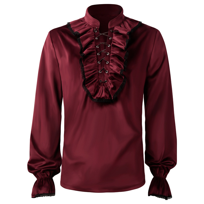 Kırmızı dantel Up Ruffles fene - Medieval Gothic Lace Up Pirate Shirt incelemesi ve fiyatı
