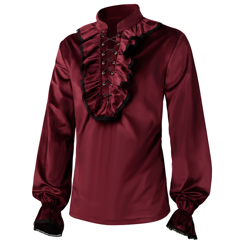 Kırmızı dantel Up Ruffles fene - Medieval Gothic Lace Up Pirate Shirt incelemesi ve fiyatı