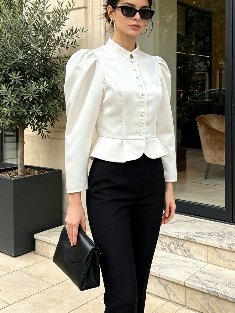 Peplum Bluz Uzun Kollu Puf Omu - Mandarin Collar Formal Shirt Slim Fit incelemesi ve fiyatı