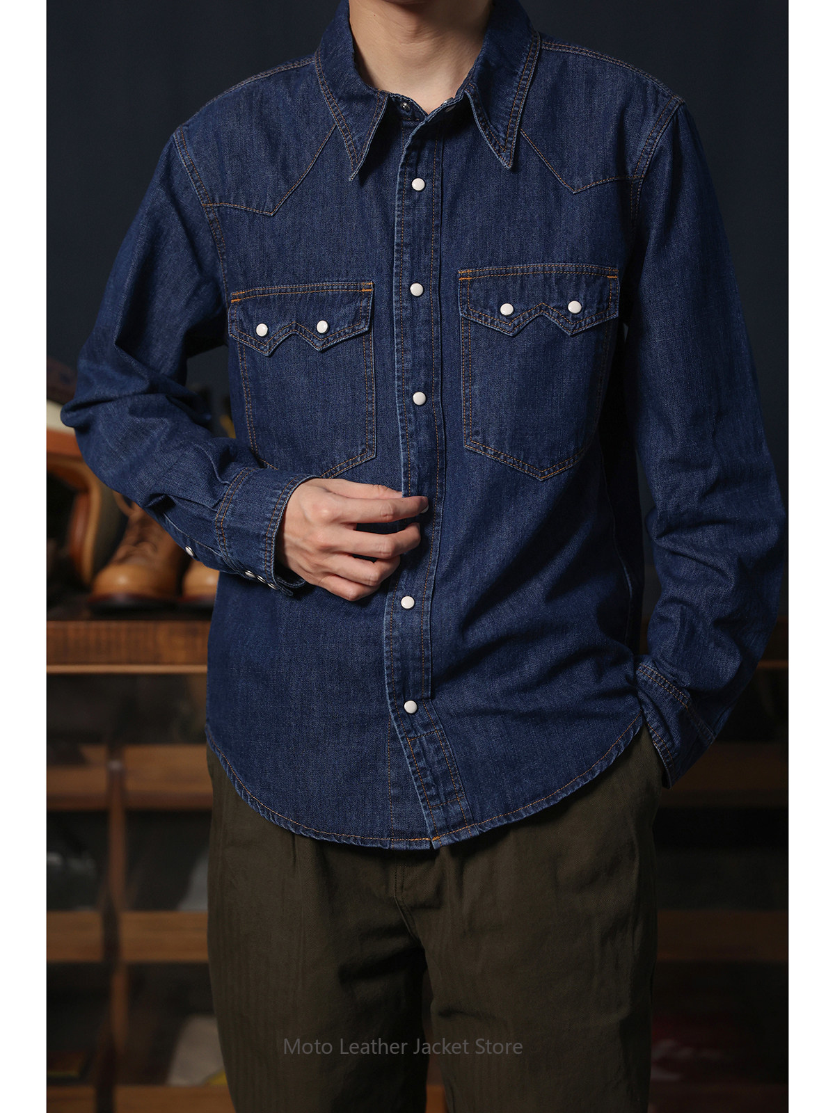 Amerikan Retro Batı Tarzı Kot  - Mens Western Denim Pearl Snap Shirt incelemesi ve fiyatı